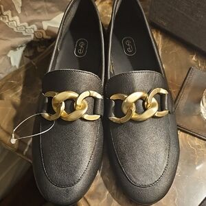 Womens Chic Black Loafers with Gold Chain Detail Size 8 Brand New